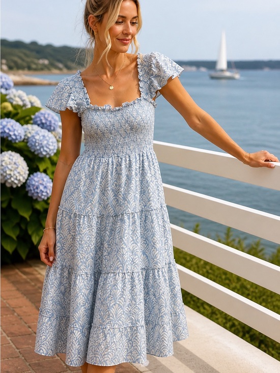 Shop The Mint Dresses & Skirts - Shop The Mint Blue Cottagecore Smocked Midi Dress L Boho